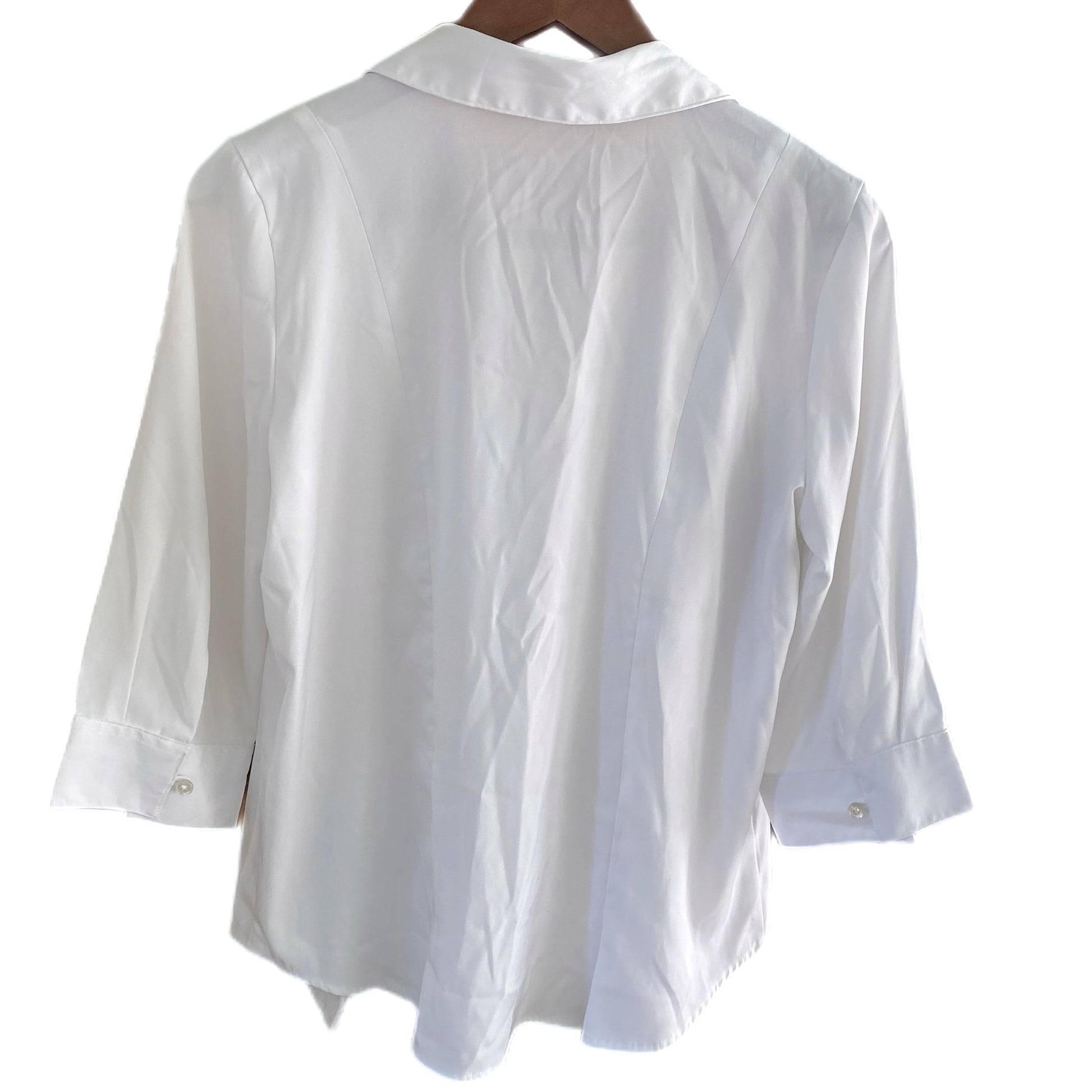 Women’s White 3/4 Sleeve Collared Button-Up Shirt – Size 10 [Tradition] hanging view back