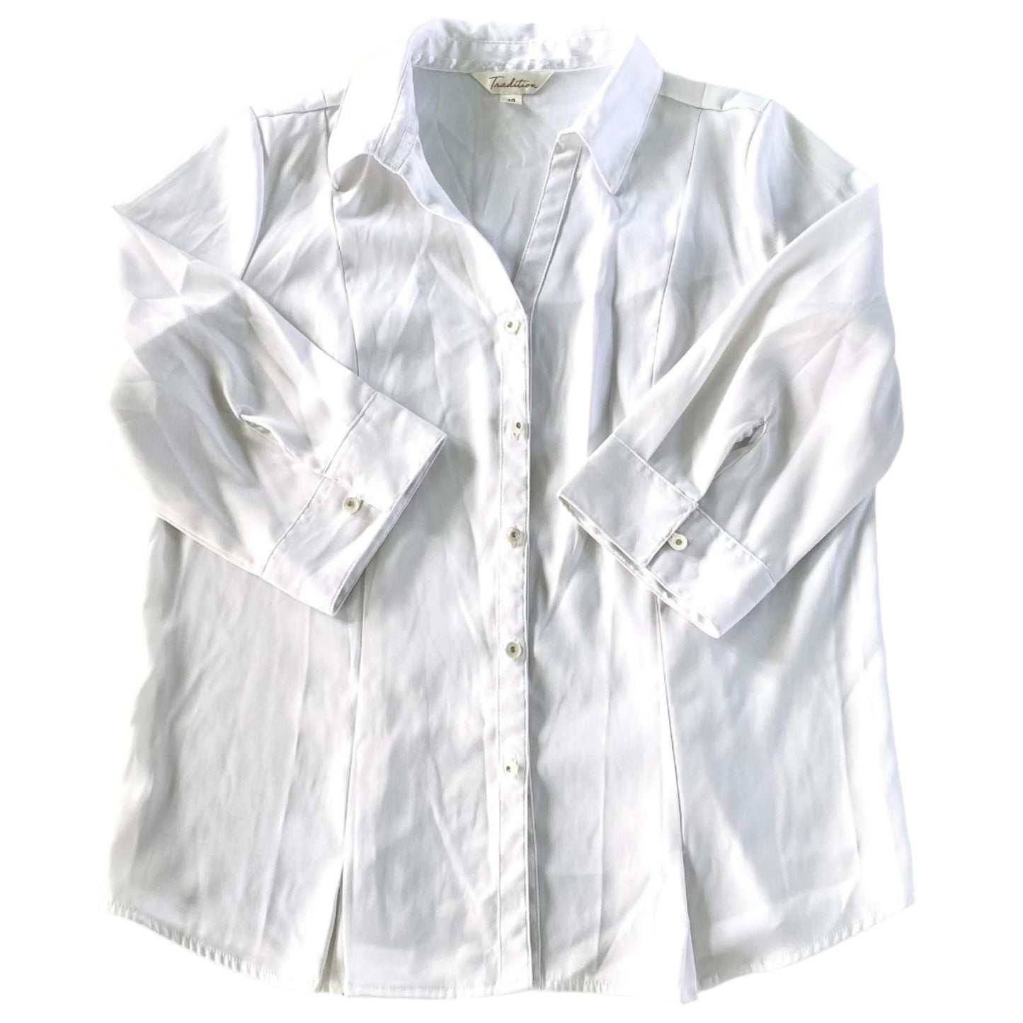 Women’s White 3/4 Sleeve Collared Button-Up Shirt – Size 10 [Tradition] flat lay