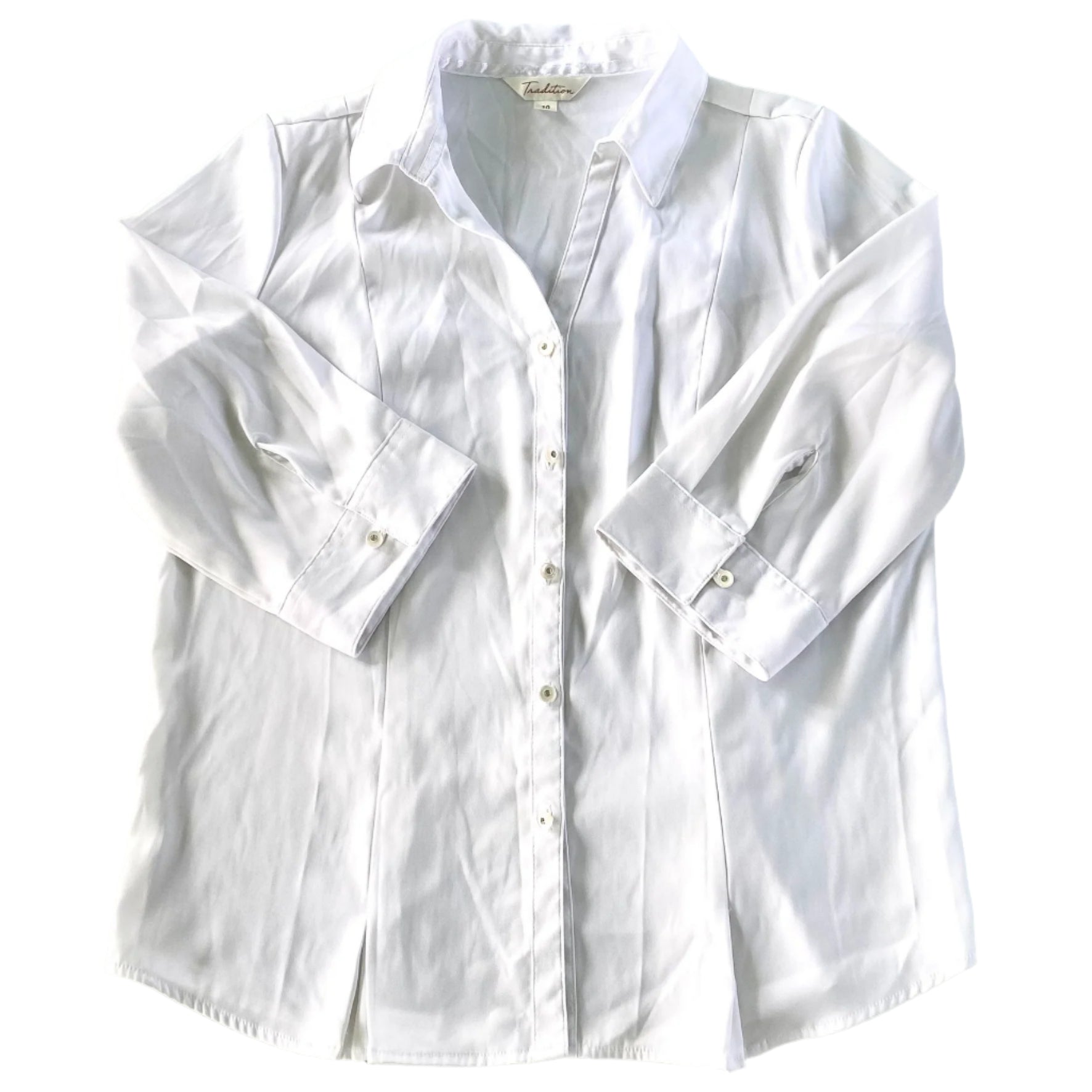 Women’s White 3/4 Sleeve Collared Button-Up Shirt – Size 10 [Tradition] flat lay