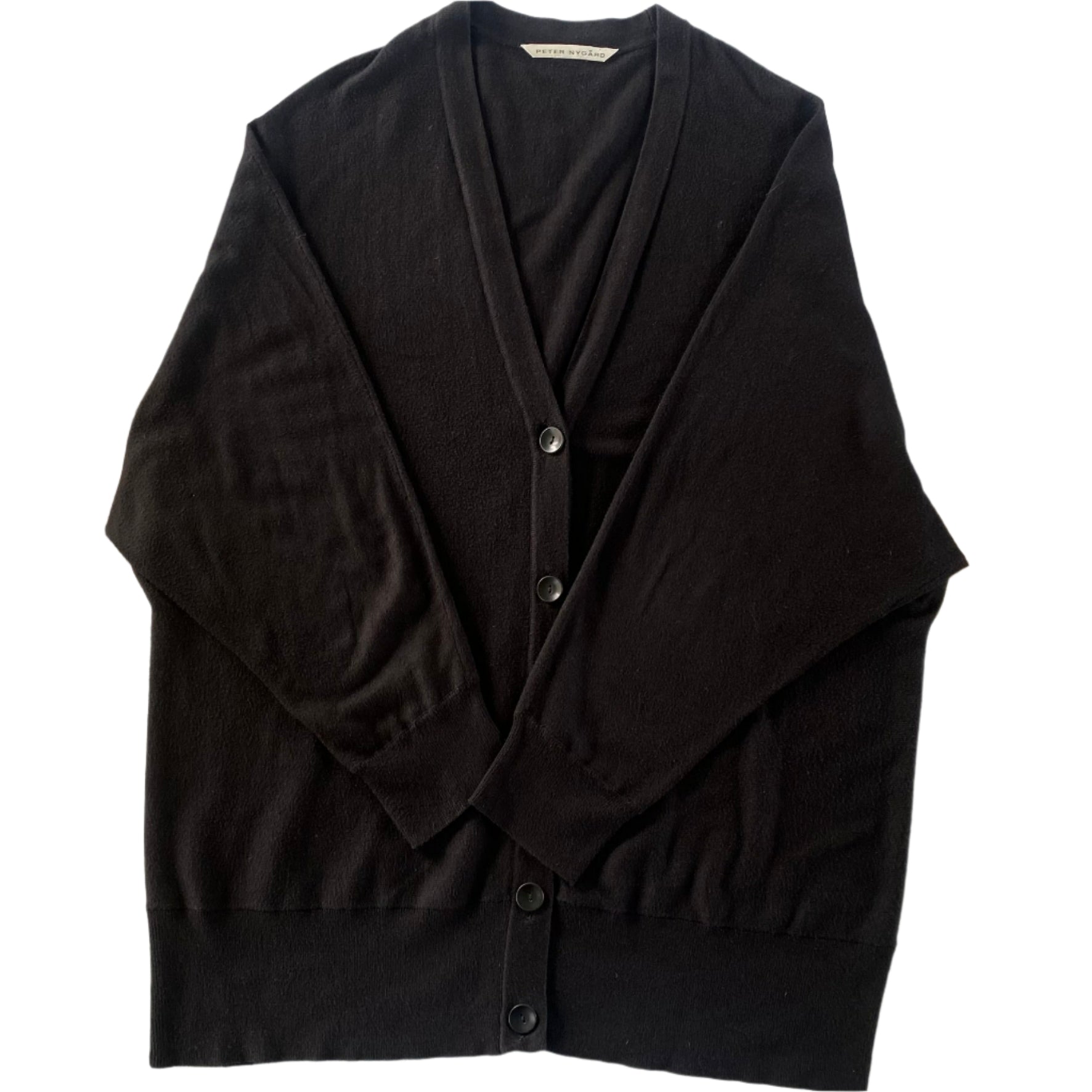Women’s Black Button-Up Cardigan Sweater – Size Medium [Peter Nygård]front flat lay view