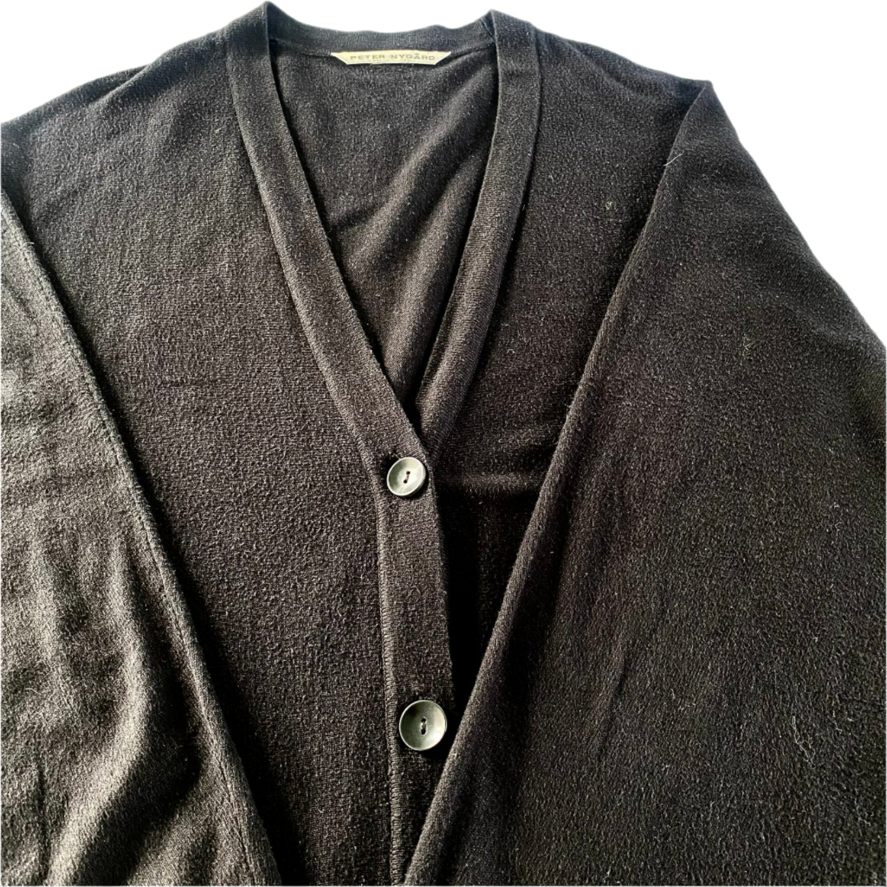 Women’s Black Button-Up Cardigan Sweater – Size Medium [Peter Nygård] close up front view