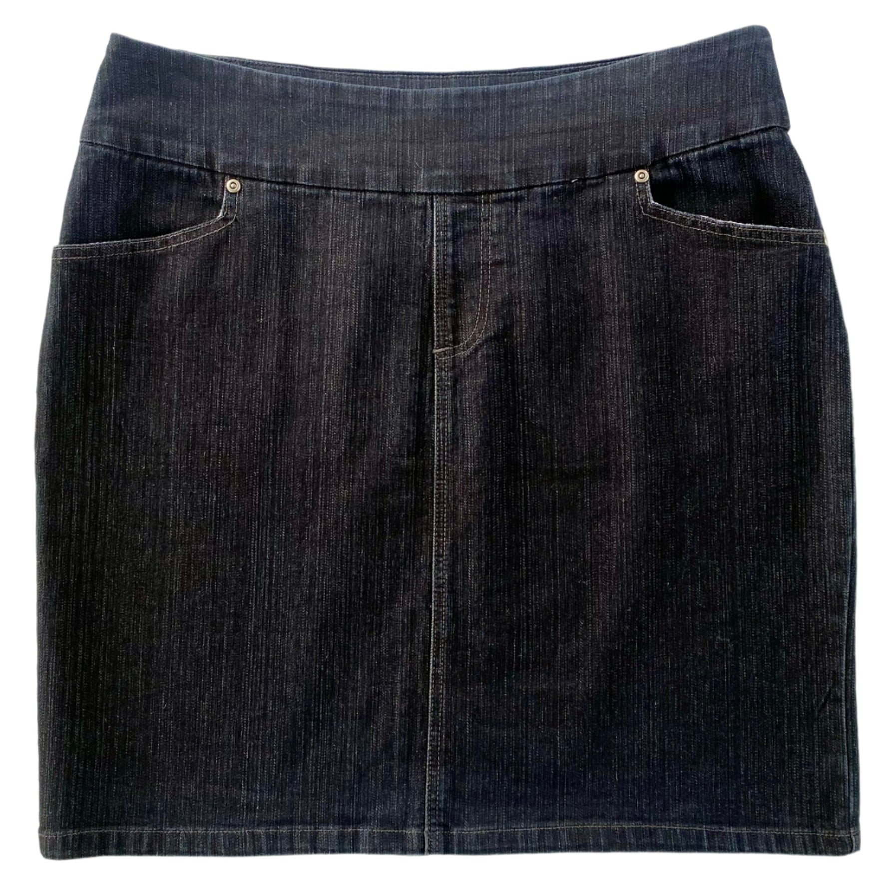 Women’s Dark Wash Stretch Denim Skirt – Size 16 [Jessica] front flat lay