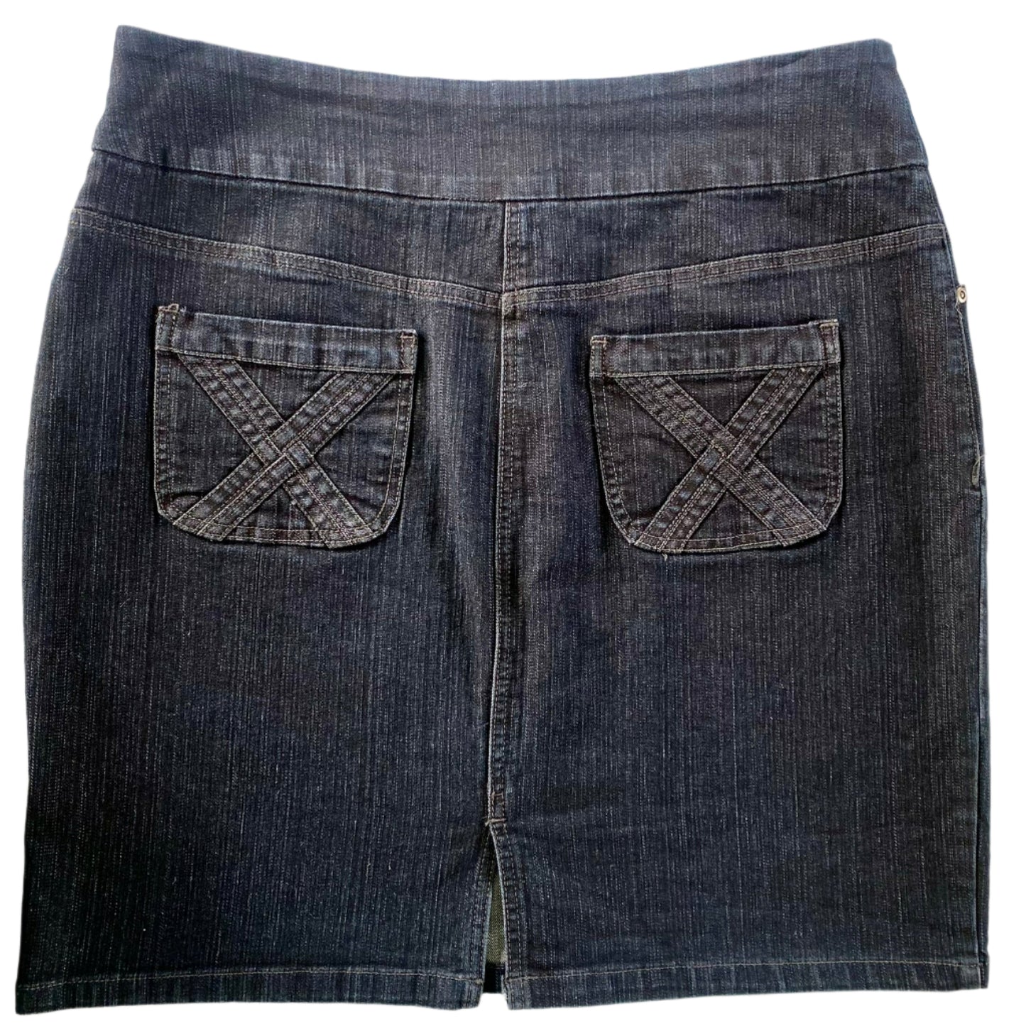 Women’s Dark Wash Stretch Denim Skirt – Size 16 [Jessica] back flat lay