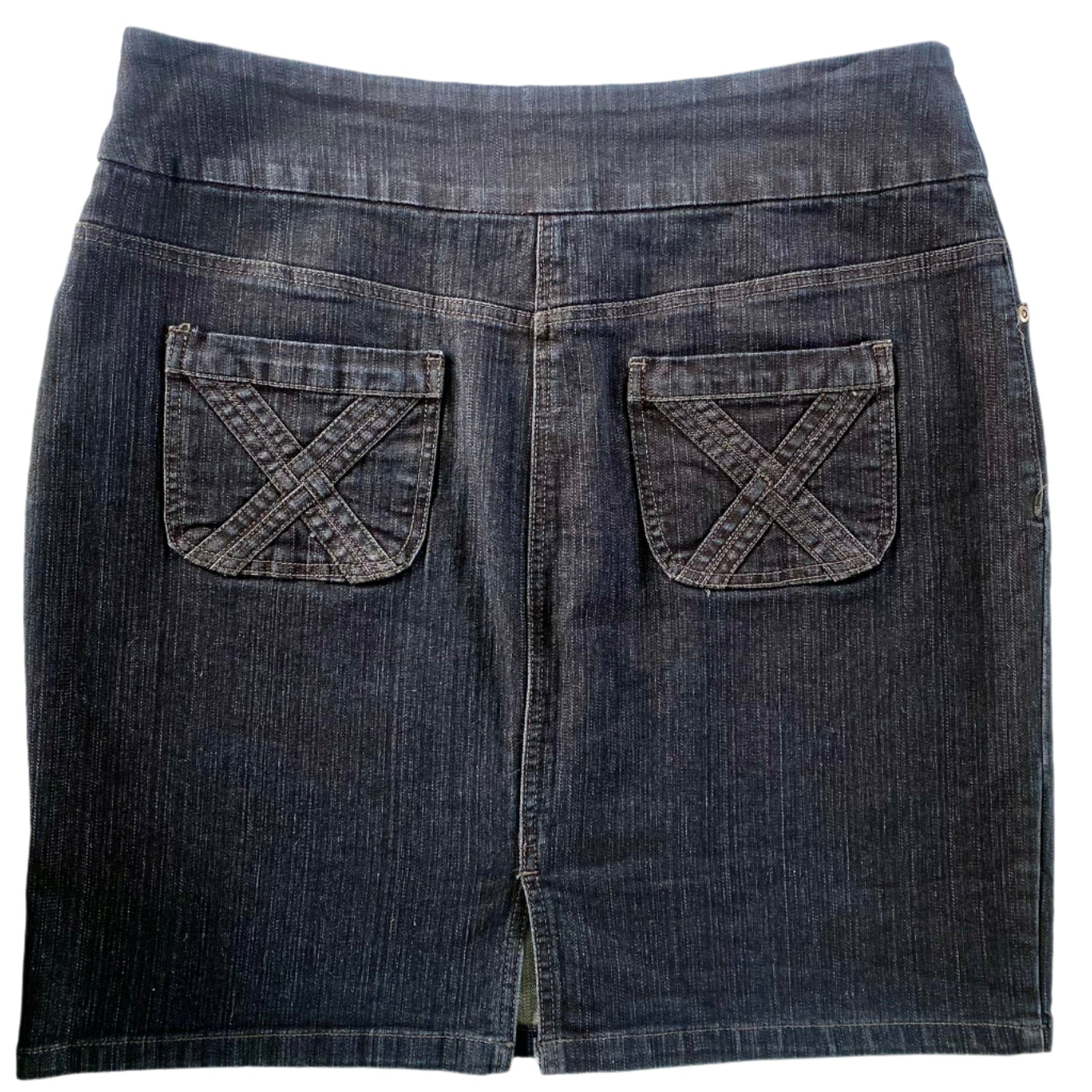 Women’s Dark Wash Stretch Denim Skirt – Size 16 [Jessica] back flat lay