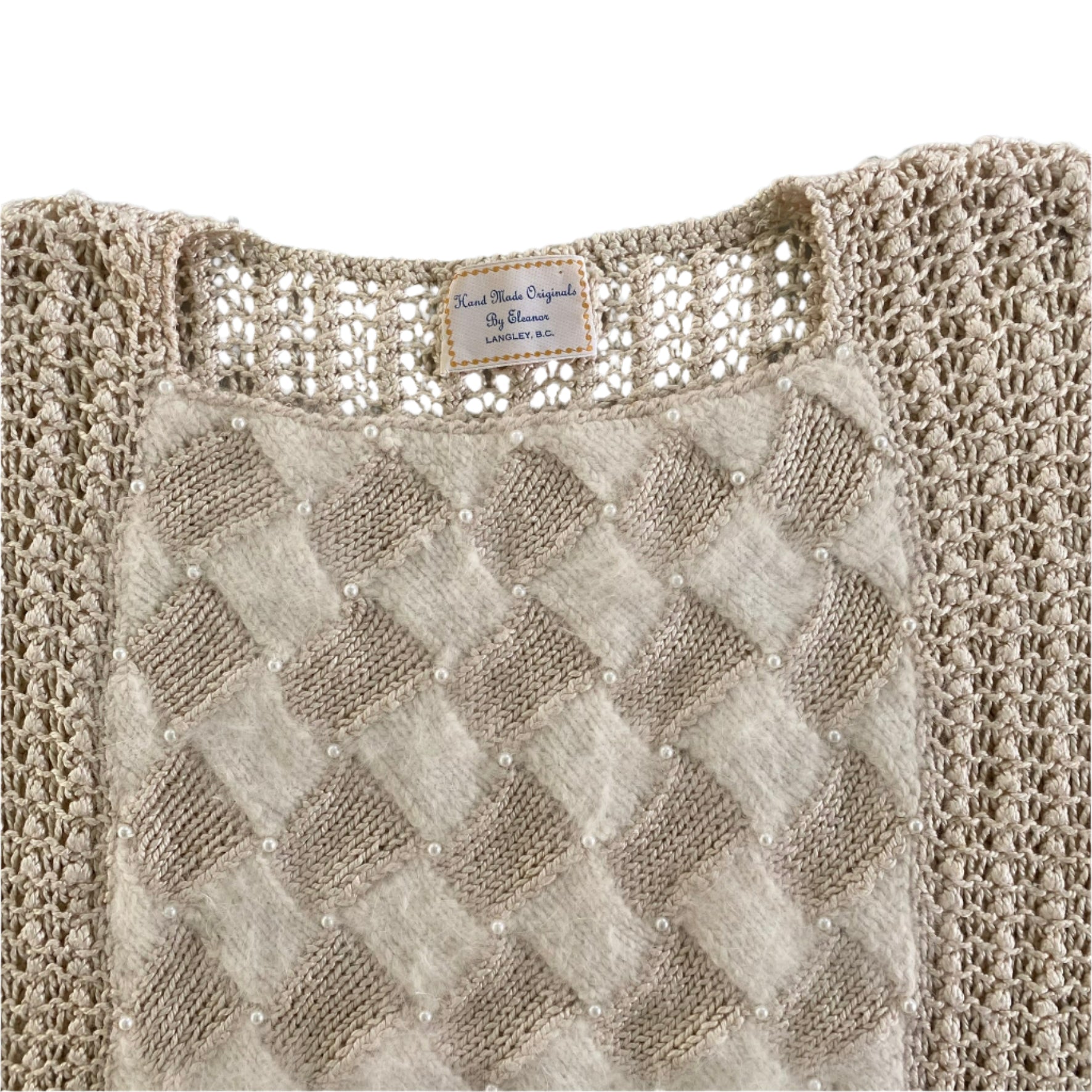 Women’s Cream Open Knit Pullover Sweater Vest – Size M/L [Hand Made Originals By Eleanor] front view close up