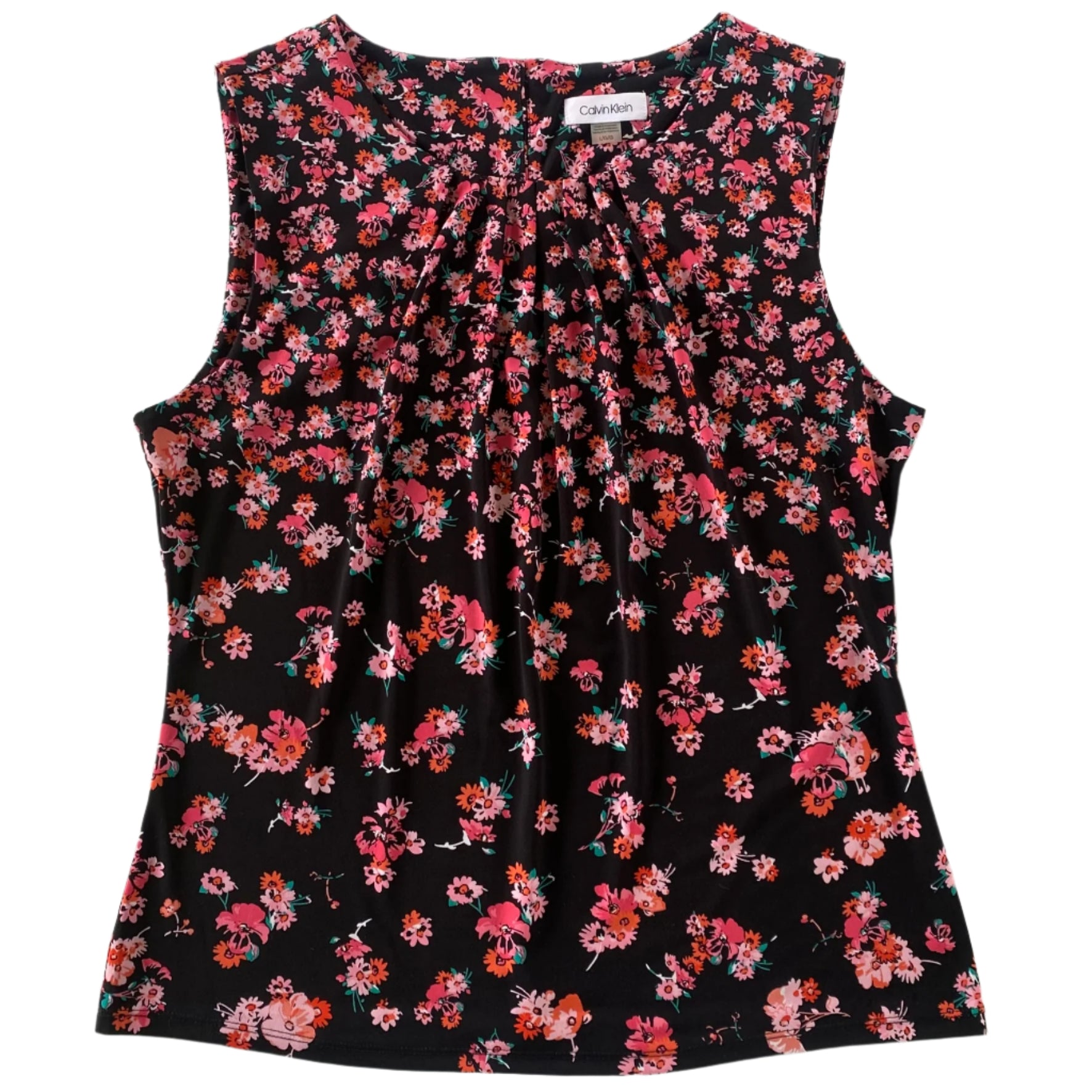 Women’s Sleeveless Floral Pleated Blouse – Size Large [Calvin Klein] front view