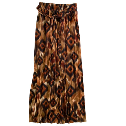 Tribal Print Pleated Midi Skirt – Elastic Waist with Tie – Size Small (Joti Clothes) front view