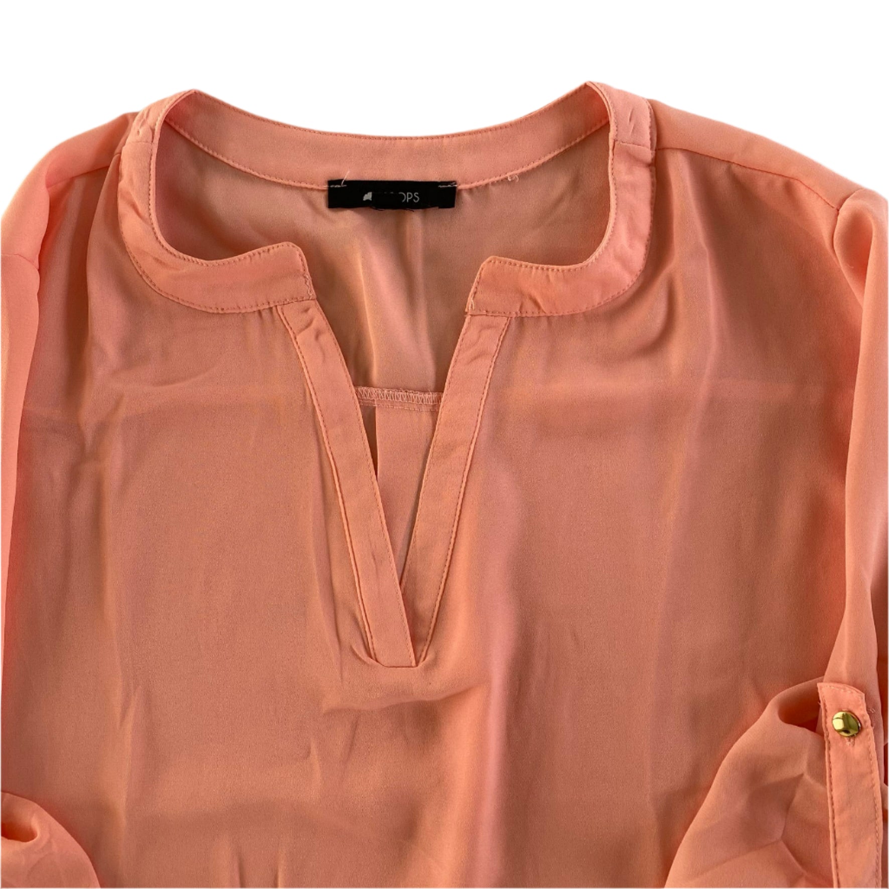 Peach Sheer Blouse – Split Neck – Roll Tab Sleeves – Size 2X (42Pops) close up front neckline