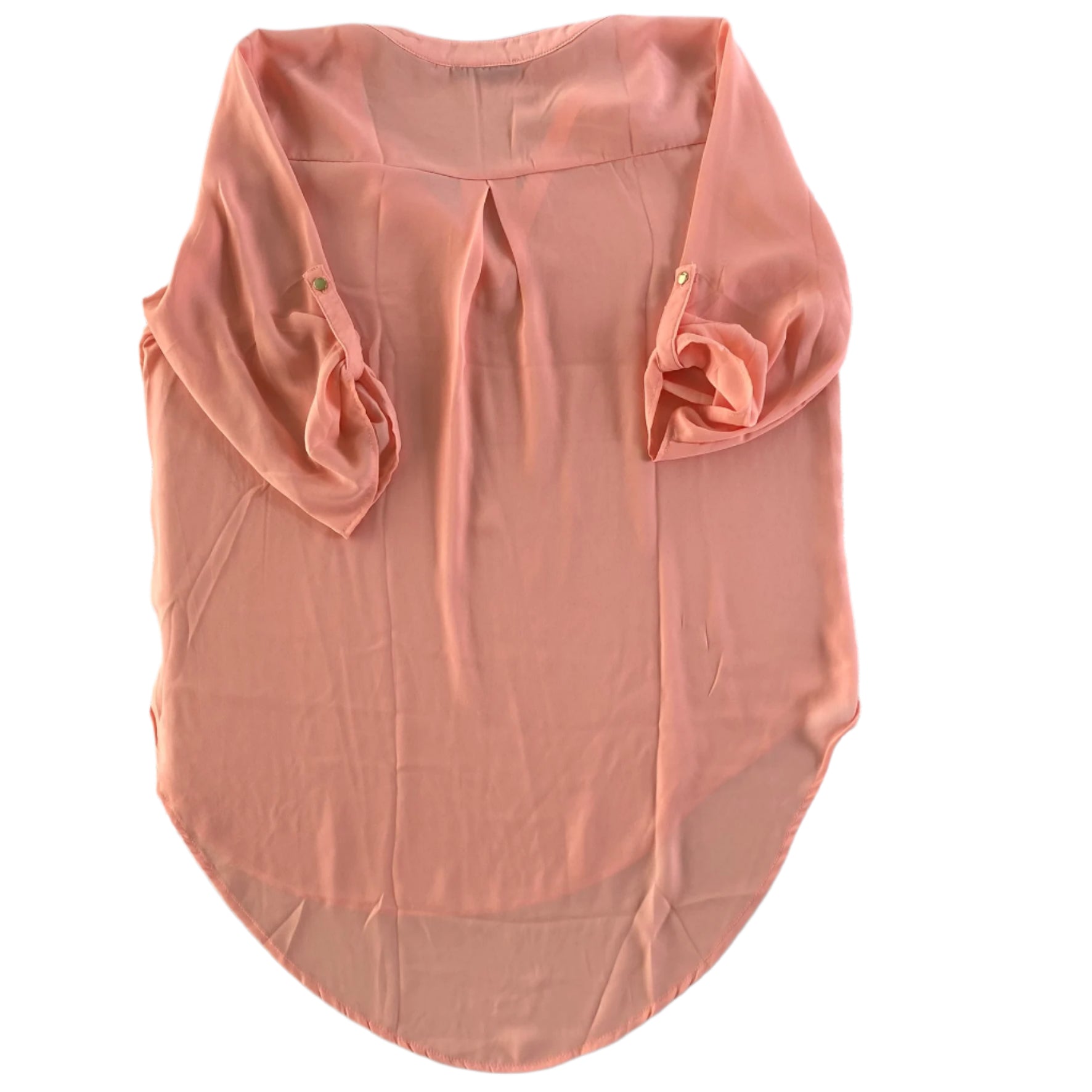 Peach Sheer Blouse – Split Neck – Roll Tab Sleeves – Size 2X (42Pops) back flat lay