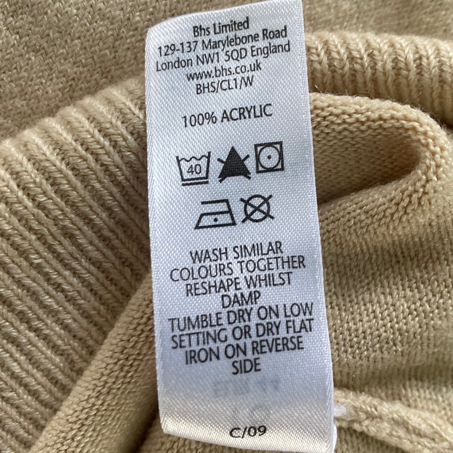 Beige Knit Top – Short Sleeve – Size 16 (BHS) garment tag with fabric and care