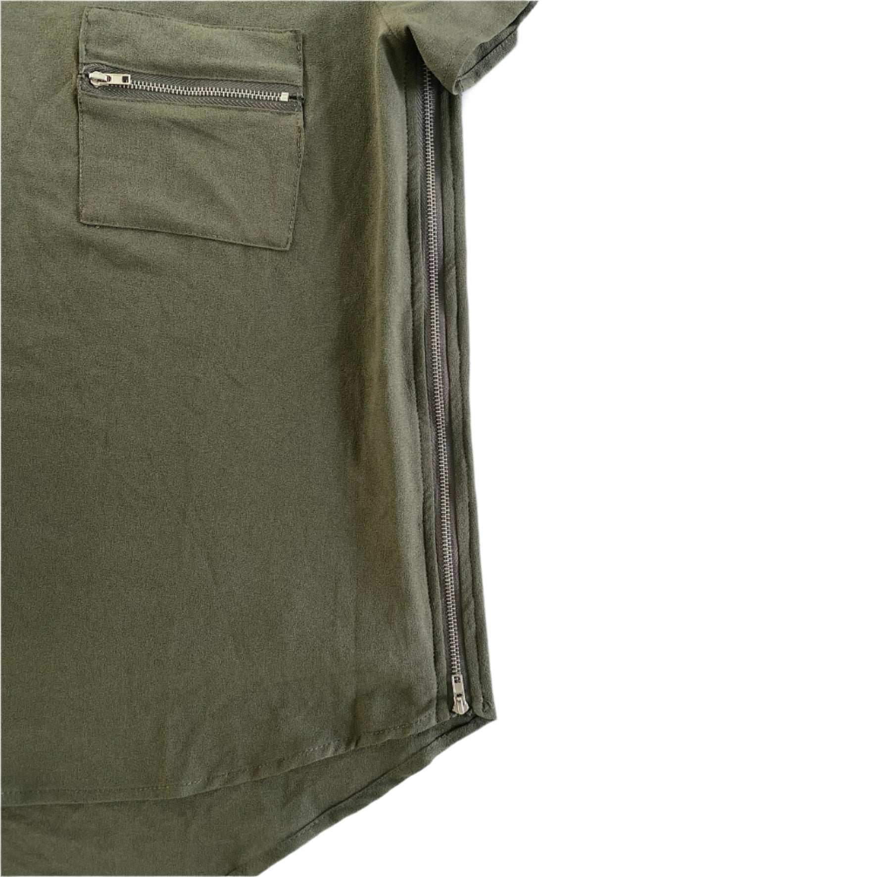 Olive Green Zip Accent Top – Short Sleeve – Size M (Paper Crane) view of side zipper