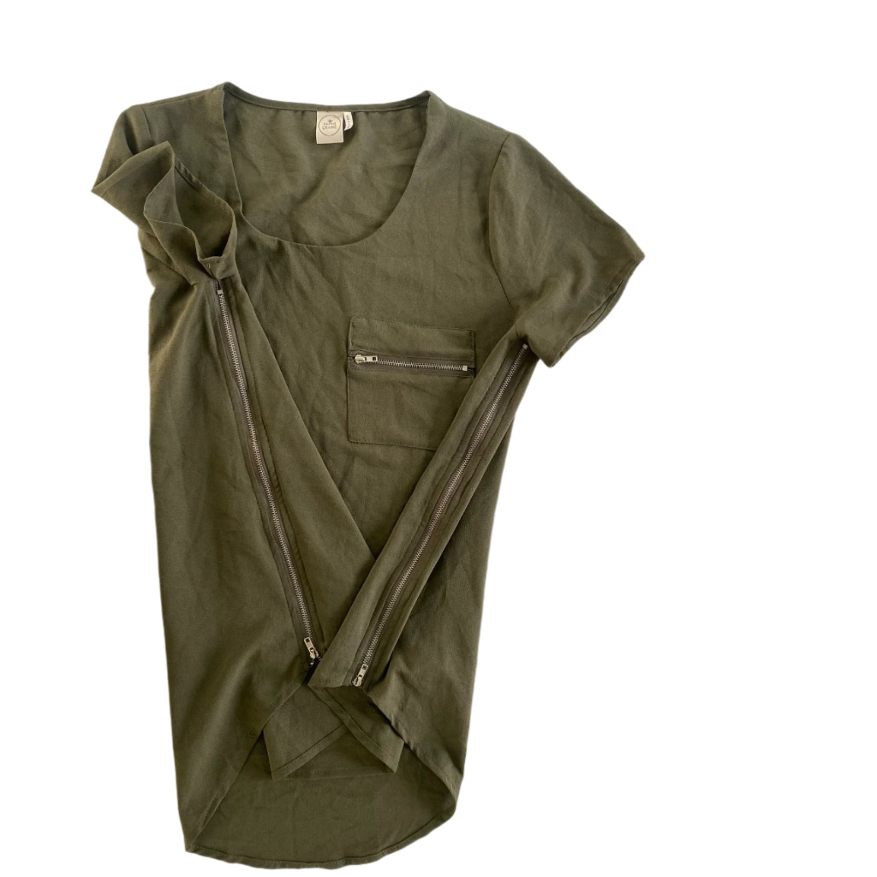 Olive Green Zip Accent Top – Short Sleeve – Size M (Paper Crane) view of side zippers