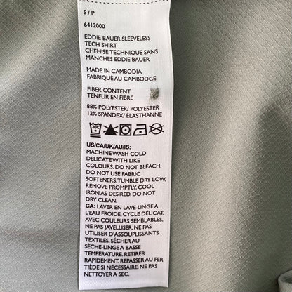 Sleeveless Tech Shirt – Button Front – Olive Green – Size S (Eddie Bauer) garment tag