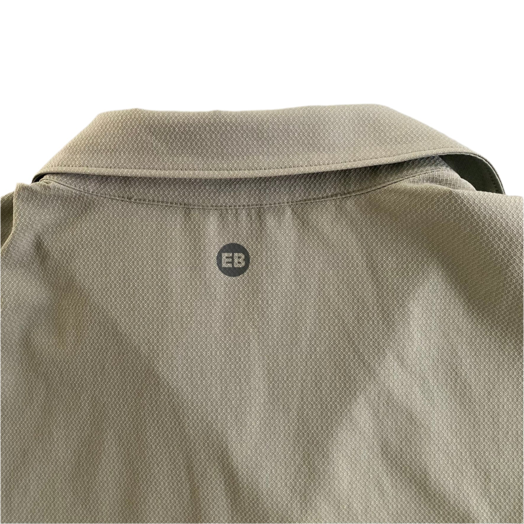 Sleeveless Tech Shirt – Button Front – Olive Green – Size S (Eddie Bauer) back close up of logo