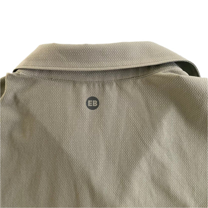 Sleeveless Tech Shirt – Button Front – Olive Green – Size S (Eddie Bauer) back close up of logo