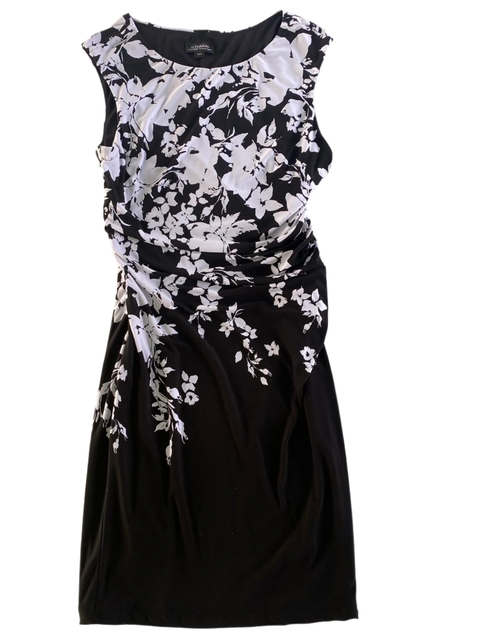 Floral Print Sleeveless Dress – Ruched Waist – Made in Canada – Size M (Le Château) front flat lay