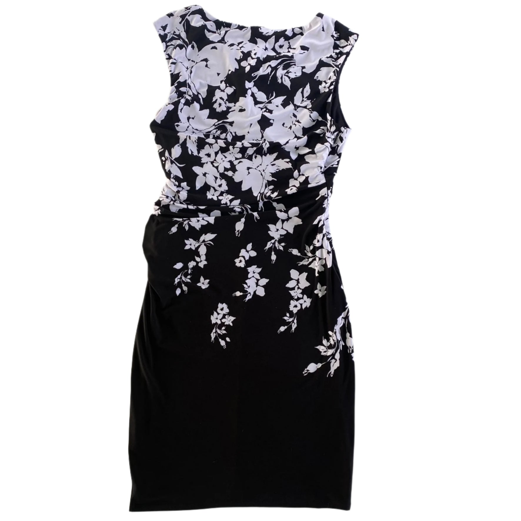Floral Print Sleeveless Dress – Ruched Waist – Made in Canada – Size M (Le Château) back flat lay