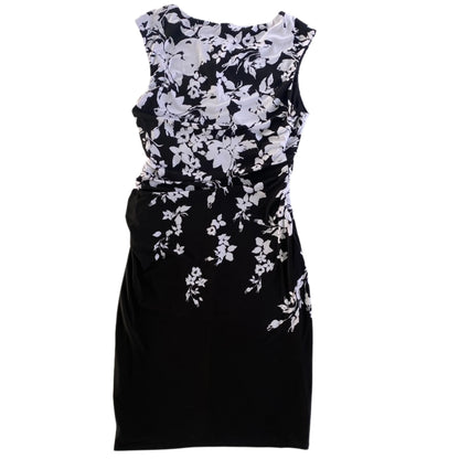 Floral Print Sleeveless Dress – Ruched Waist – Made in Canada – Size M (Le Château) back flat lay