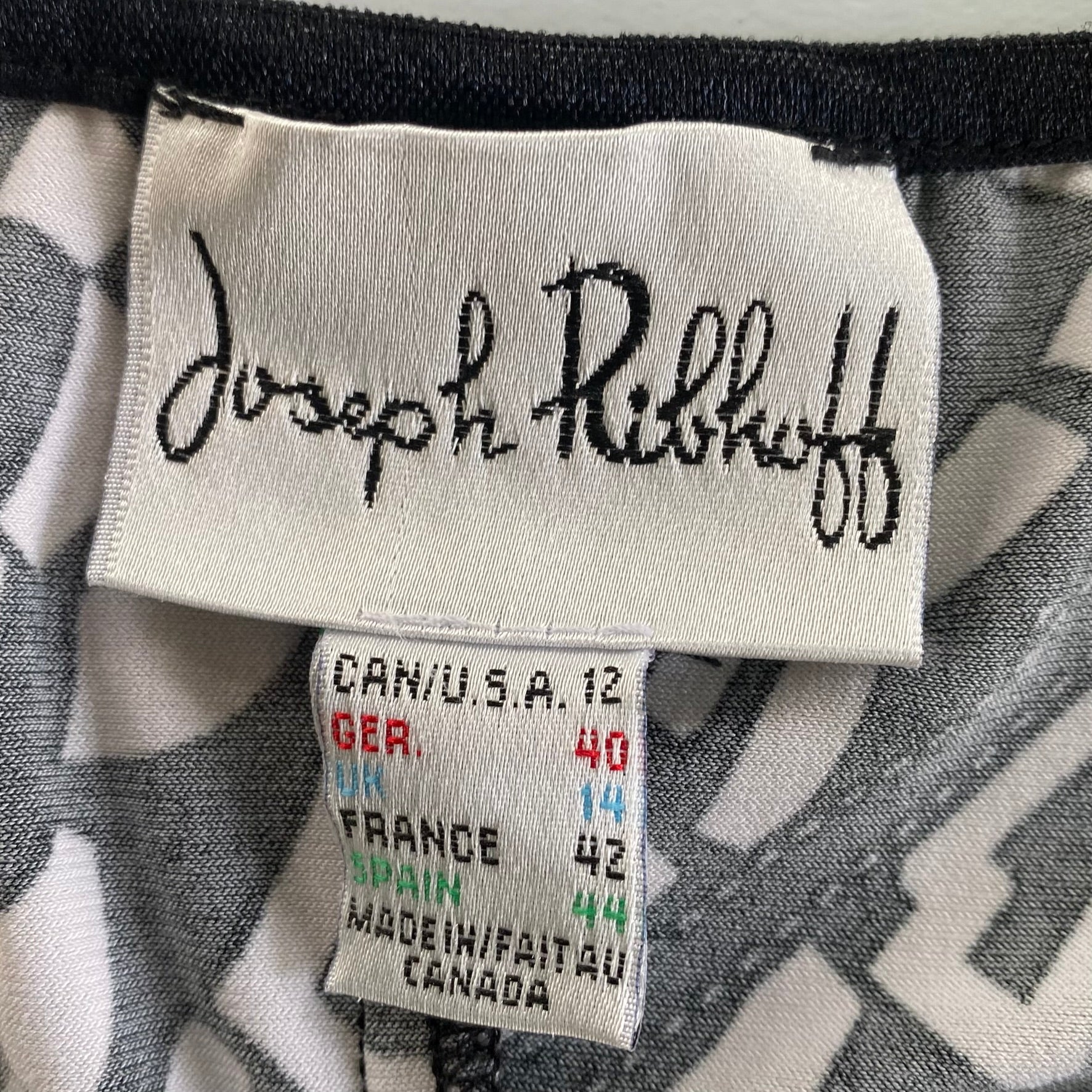 Geometric Print Sleeveless Dress – Knee-Length – Made in Canada – Size 12 (Joseph Ribkoff) garment tag