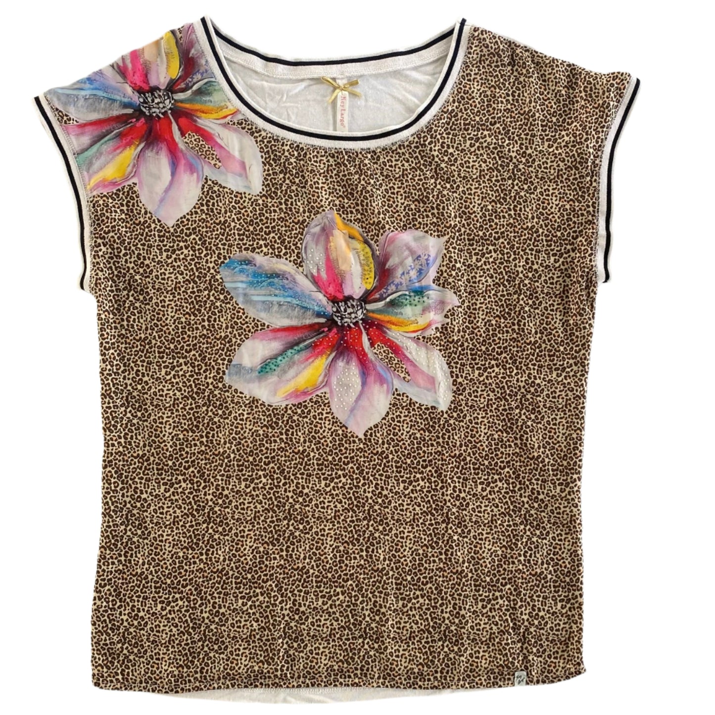 Leopard Print Floral Top – Cap Sleeve – Beaded Detail – Size S (Key Largo) front view flat lay