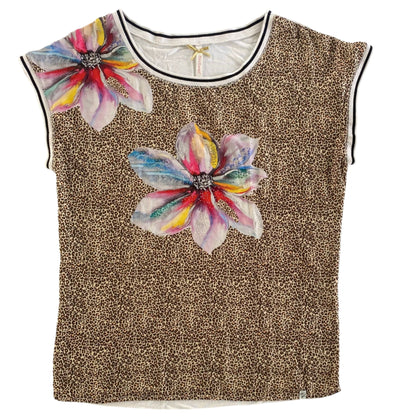 Leopard Print Floral Top – Cap Sleeve – Beaded Detail – Size S (Key Largo) front view flat lay