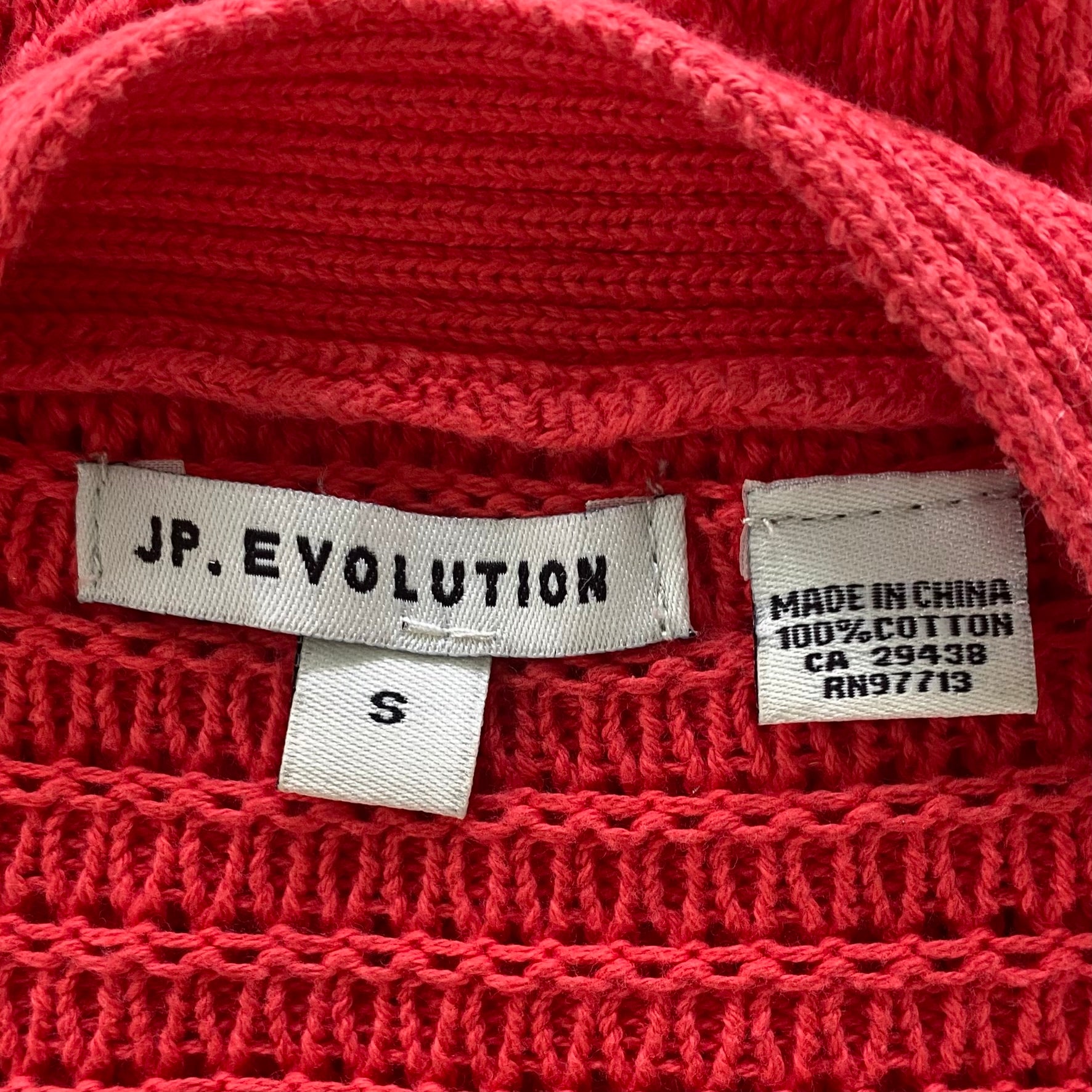 Red Open-Knit Cardigan – Button-Front – Lightweight Cotton – Size S (JP Evolution) garment tag showing size small