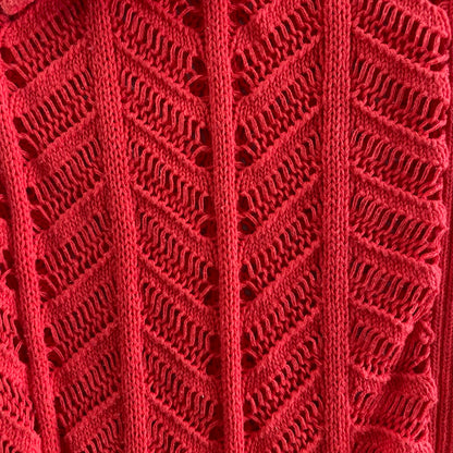 Red Open-Knit Cardigan – Button-Front – Lightweight Cotton – Size S (JP Evolution) knit detail