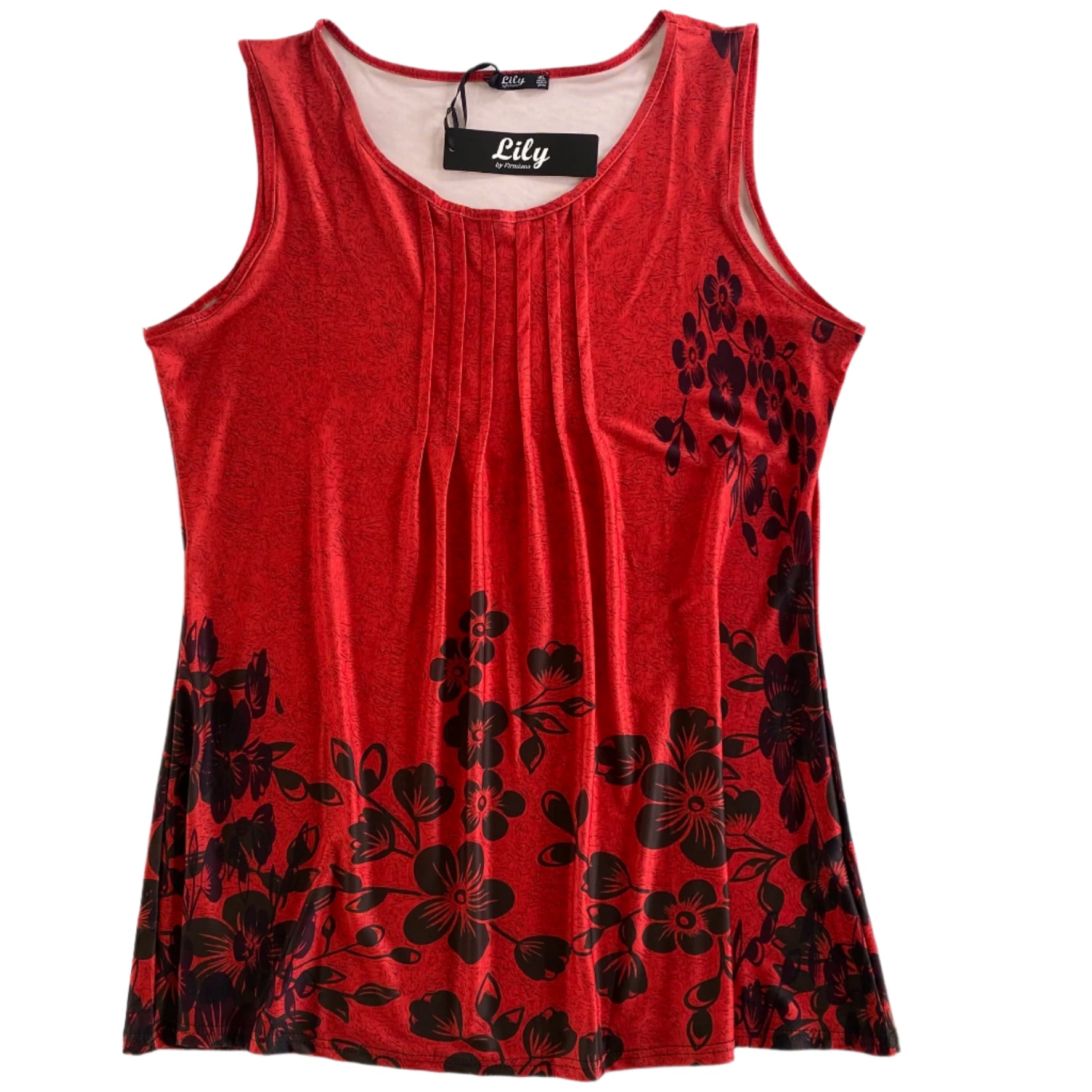 Floral Print Sleeveless Tunic Top – Red & Black – Plus Size 1X (Lily) front view
