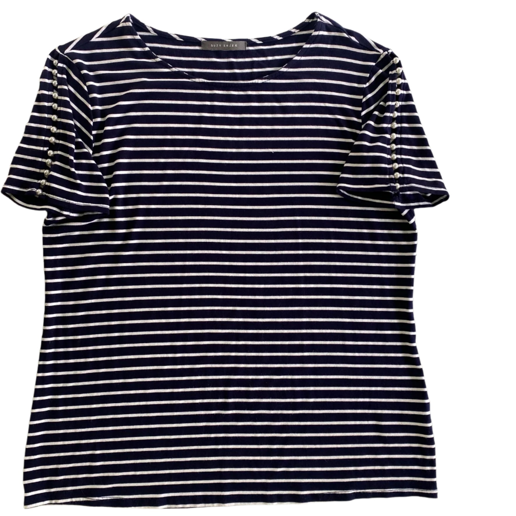 Navy & White Striped Top – Pearl Sleeve Detail – Size M (Suzy Shier) front