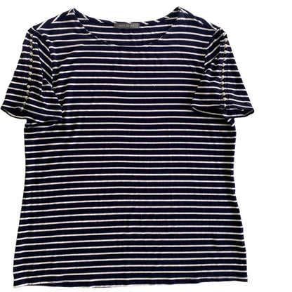 Navy & White Striped Top – Pearl Sleeve Detail – Size M (Suzy Shier) front