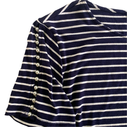 Navy & White Striped Top – Pearl Sleeve Detail – Size M (Suzy Shier) pearl button detail