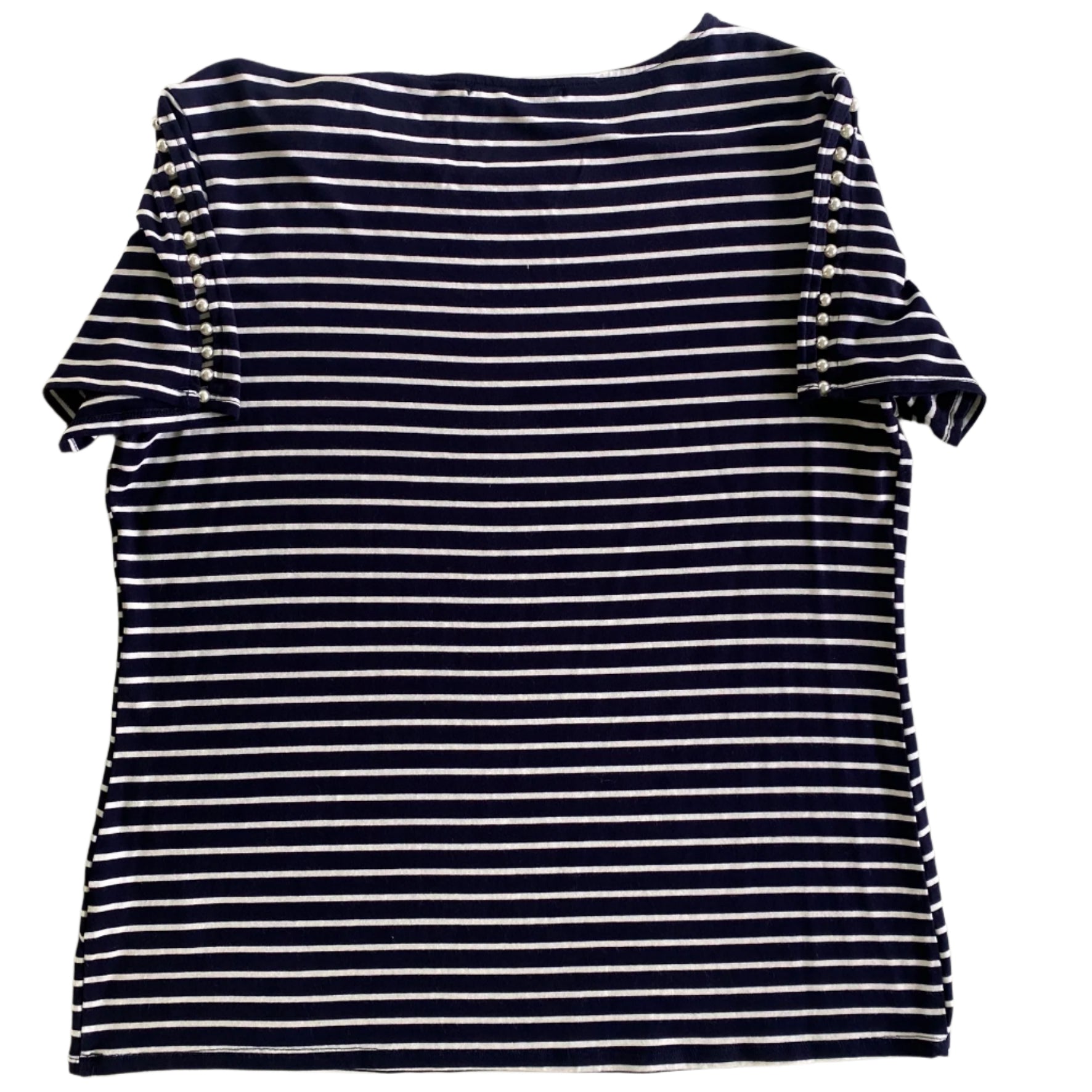 Navy & White Striped Top – Pearl Sleeve Detail – Size M (Suzy Shier) back