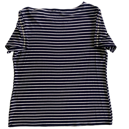 Navy & White Striped Top – Pearl Sleeve Detail – Size M (Suzy Shier) back