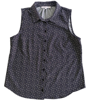 Navy Sleeveless Blouse – Micro Floral Print – Lightweight & Sustainable – Size M (Cleo) front
