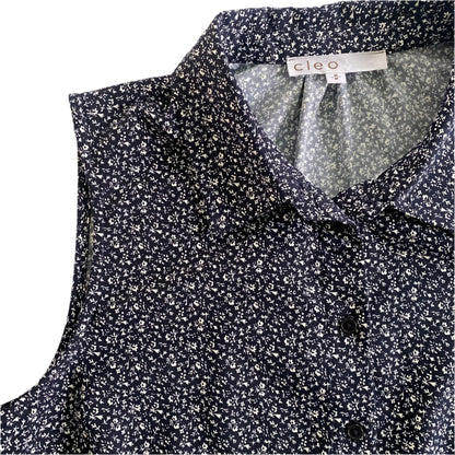 Navy Sleeveless Blouse – Micro Floral Print – Lightweight & Sustainable – Size M (Cleo) close up colar