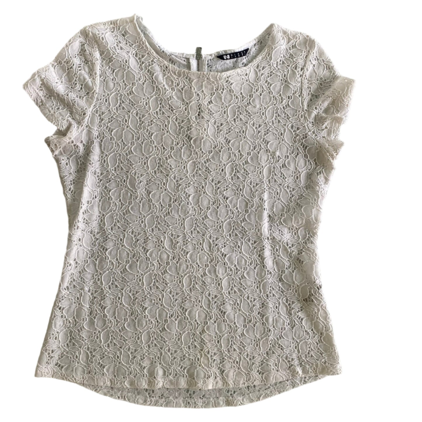 White Lace Short Sleeve Blouse – Stretch Nylon Blend – Size L (Black Label) front
