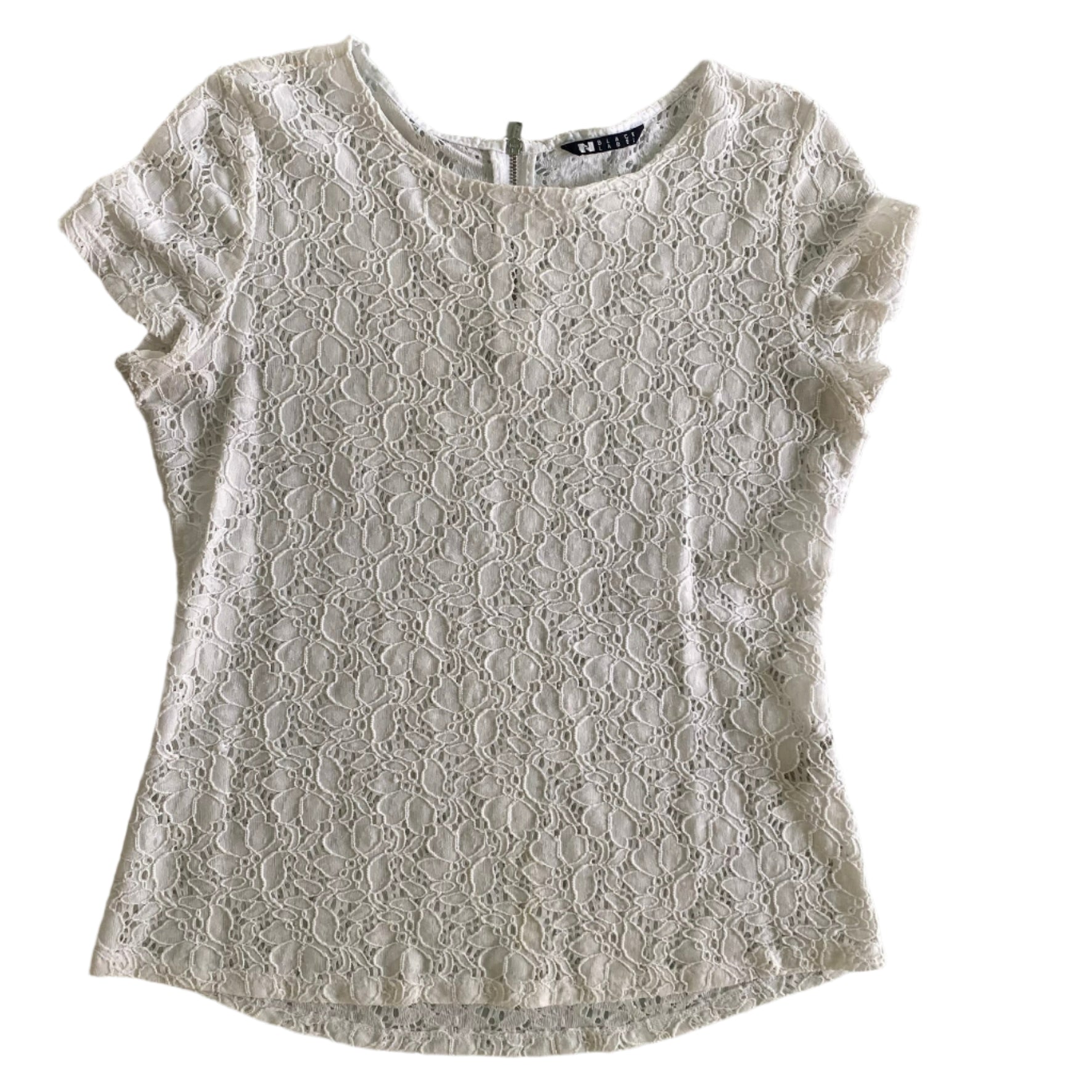 White Lace Short Sleeve Blouse – Stretch Nylon Blend – Size L (Black Label) front