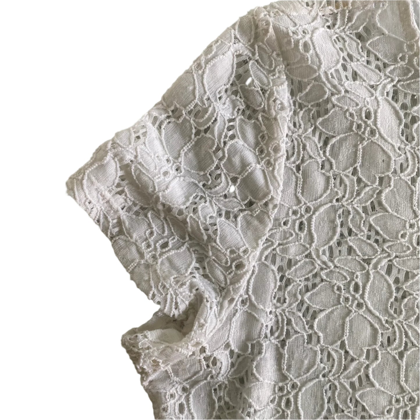 White Lace Short Sleeve Blouse – Stretch Nylon Blend – Size L (Black Label) sleeve close up