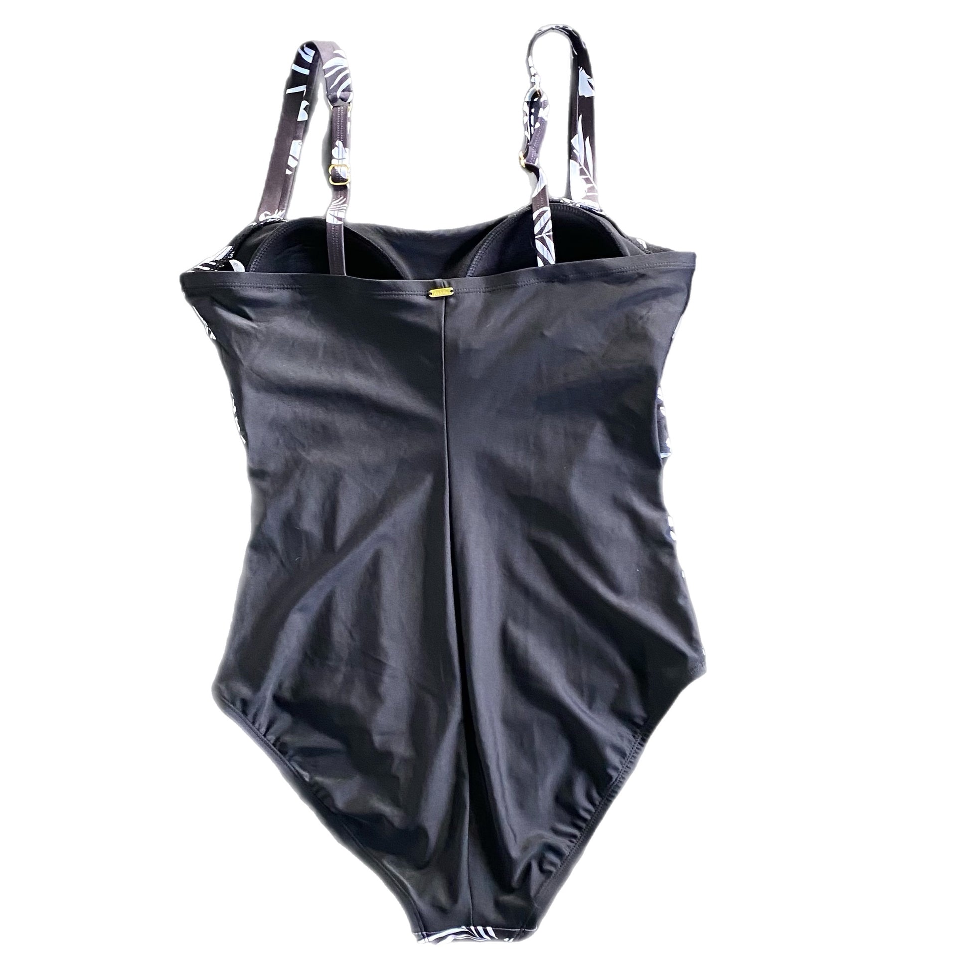 Krista Women's One-Piece Swimsuit | Size 14 | Black & White Floral back view flat lay