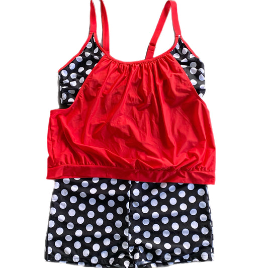 Plus Size 3XL Red and Black/White Polka Dot Mock Two-Piece Swimsuit with Shorts front view